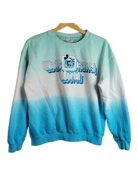 Disney World Women Sweatshirt Blue Medium Tie Dye Pullover Glitter 100% Cotton
